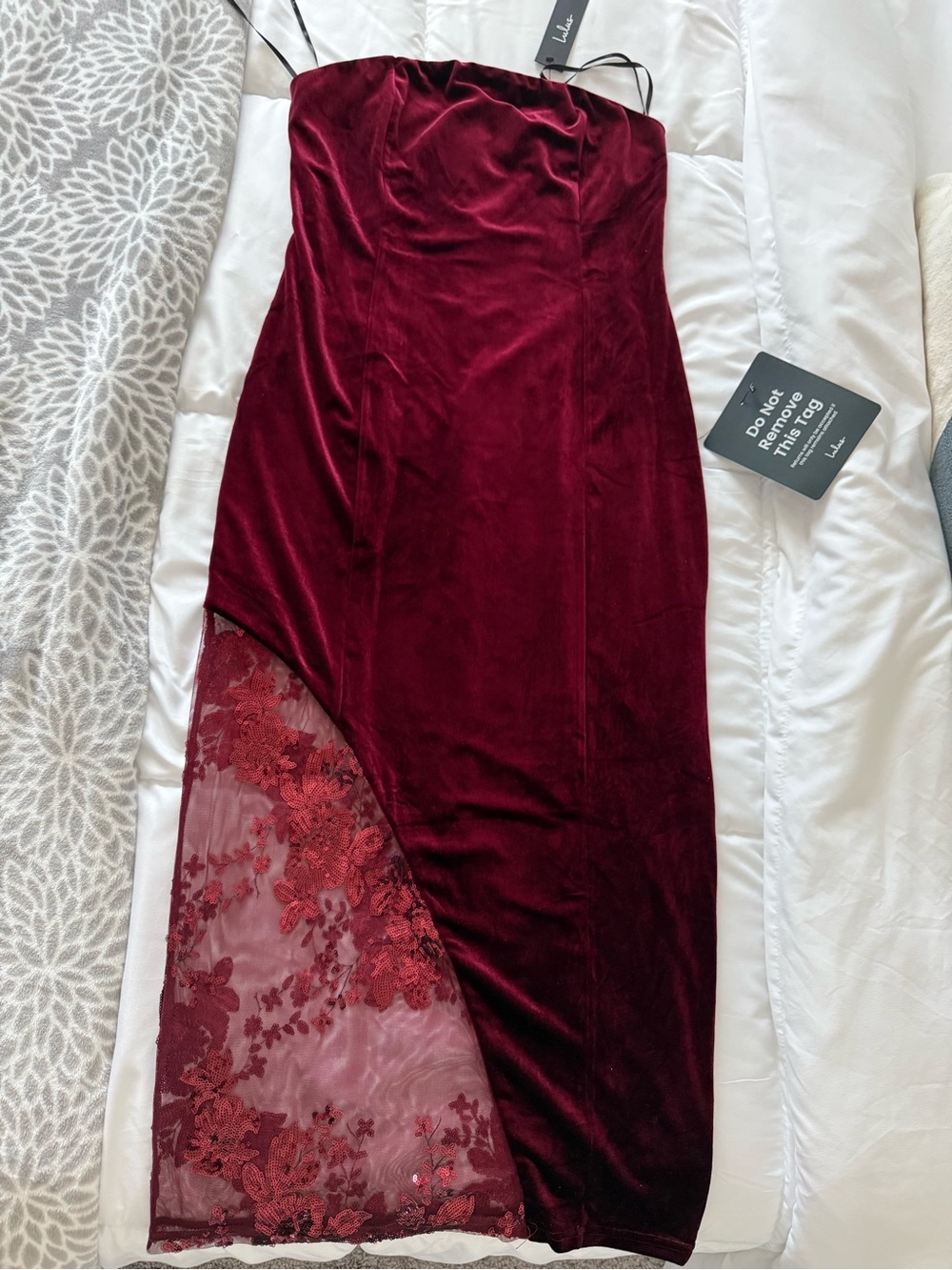 Lulus Feeling So Luxe Burgundy Velvet Mesh Sequin Strapless Midi Dress Red